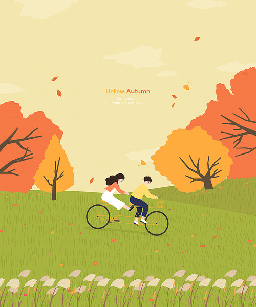 가을 단풍 풍경과 자전거를 타고 데이트 중인 커플 캐릭터 일러스트