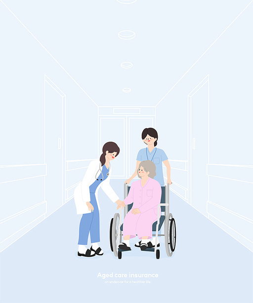 휠체어를 탄 노인과 여의사, 간호사 일러스트