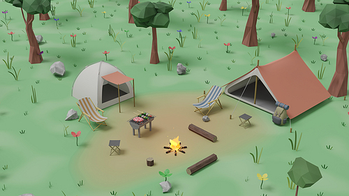 캠핑 텐트와 모닥불 캠핑카 그래픽, 3d렌더링