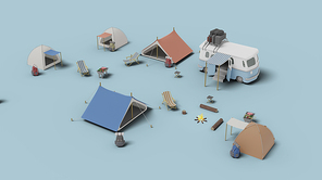캠핑 텐트와 모닥불 캠핑카 그래픽, 3d렌더링