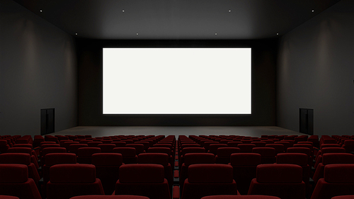 하얀 빈 스크린과 좌석의 영화관