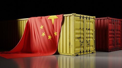 중국 국기와 컨테이너 박스