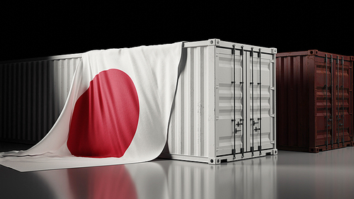 일본 국기와 컨테이너 박스