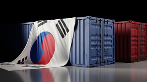 한국 국기 태극기와 컨테이너 박스