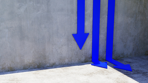 콘크리트 배경으로 아래로 향하는 파란색 화살표