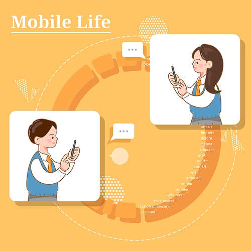 교복입은 청소년 남녀가 휴대폰을 들고 문자로 대화하고 있는 일러스트