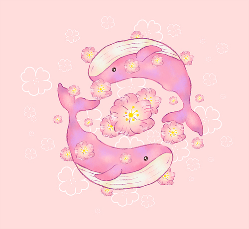 핑크 고래 일러스트와 벚꽃