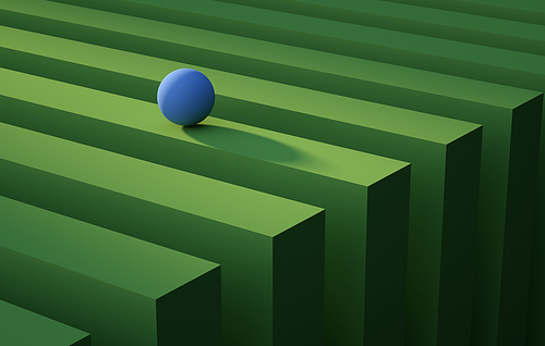 Geometric blue sphere rolling over a green stripe. Abstract background concept. 3d render