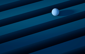 3D Illustration. Geometric blue sphere rolling over a blue stripe. Abstract background concept.