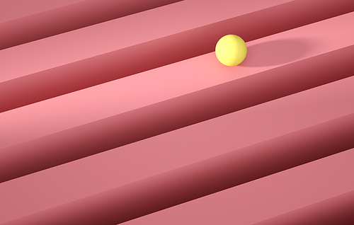 Geometric yellow sphere rolling over a pink stripe. Abstract background concept, 3d render