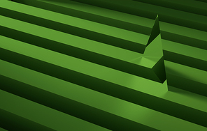 Geometric triangle shaped mirror over a green stripe. Abstract background concept, 3d render