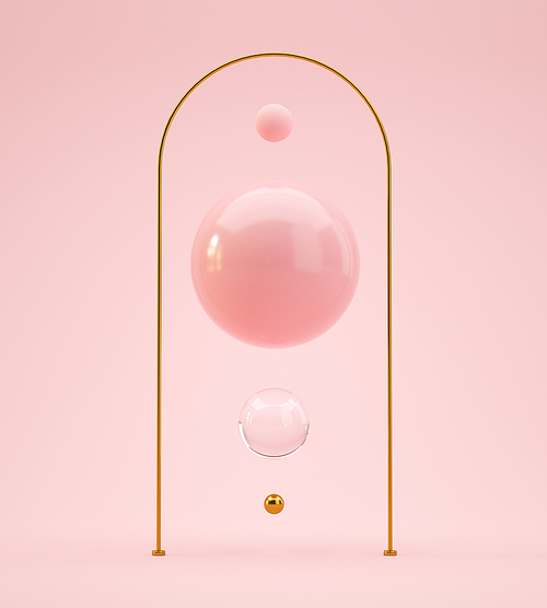 3D Illustration. Abstract and modern minimal background with shiny spheres of different sizes.