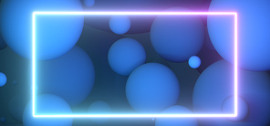 Particles floating in blue studio. Light neon frame for highlight product or text. empty space for design. 3D rendering.
