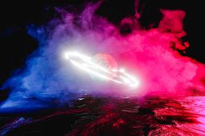 3D Illustration. Sci-fi background with a planet with glowing ring. Science-fiction and futuristic concept.
