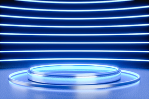 Futuristic neon pedestal for product presentation on blue strip wall background sci-fi style. 3d render