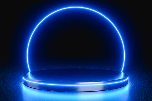 Modern product showcase scifi podium with blue glowing light neon background technology and object concept. 3d render