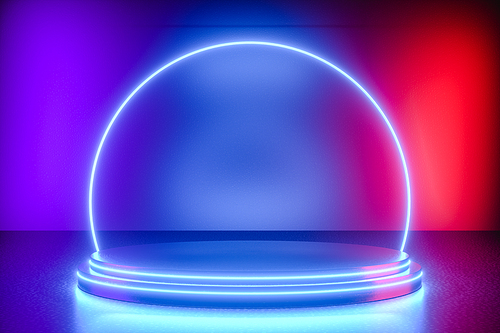 3D Illustration. Empty podium illuminated with neon glowing lights. Futuristic background. Promotion and advertisement concept.