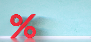 Percentage icon on blue background with copy space. Sales concept. 3d render