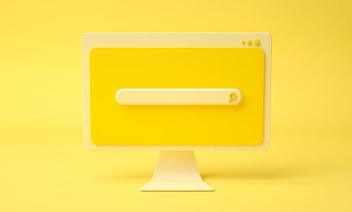Search bar webpage on cartoon computer screen, yellow background. 3d render
