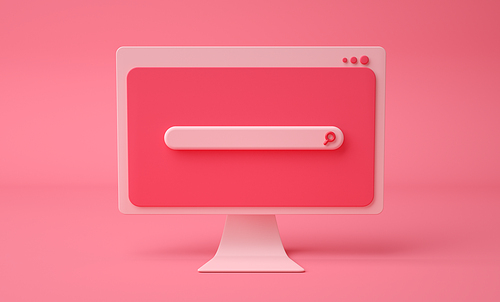 Search bar webpage on cartoon computer screen, pink background. 3d render