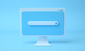 Search bar webpage on cartoon computer screen, blue background. 3d render