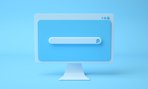 Search bar webpage on cartoon computer screen, blue background. 3d render