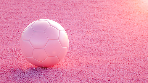 3D Illustration. Pink soccer ball on pink grass. Female Football and sports concept. Copy space for your design