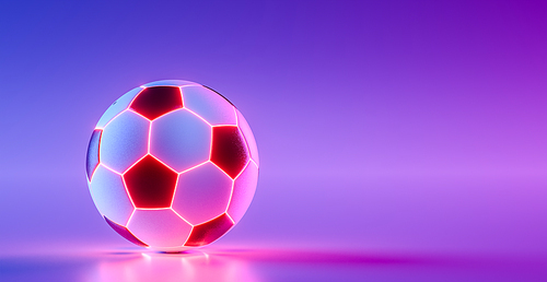 Soccer ball with neon futuristic lights on purple shiny background. Copy space. 3d render