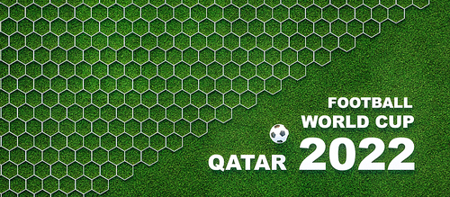 Text Football world cup 2022 Qatar with Copy space for your text or design, on grass and hexagonal background. 3d rendering