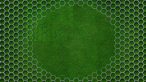 Background for designs of a soccer field top view. Grass and goal cloth patterns. 3d render