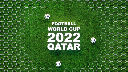 Words Football world cup 2022 Qatar on green soccer turf background with hexagonal design. Ready-to-use banner, 3d render