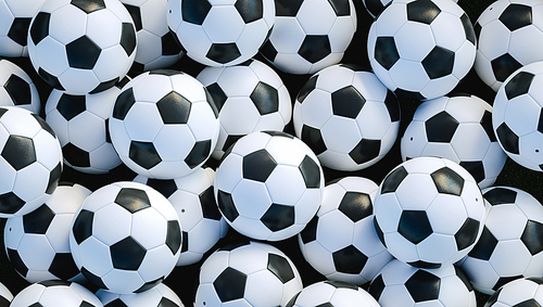 Many soccer balls for background or banner. Realistic football ball. 3d rendering