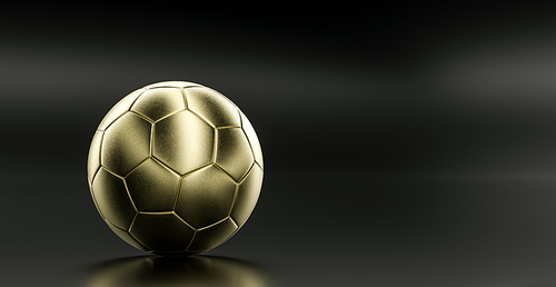 Golden soccer ball on black shiny background. Copy space for your design. 3d rendering