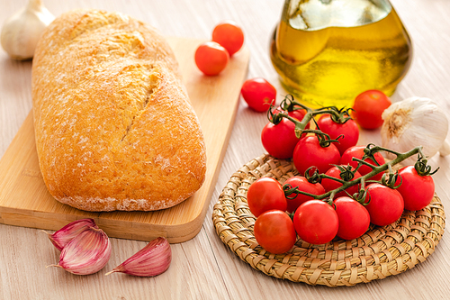 Mediterranean food bread oil olive and tomato