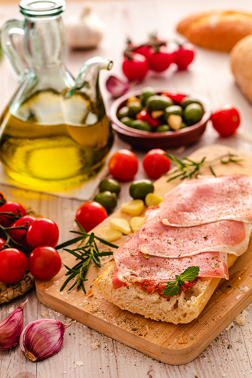 Toast with ham oil and tomato. Typical spanish food