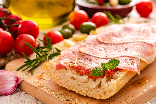 Toast with ham oil and tomato. Typical spanish food