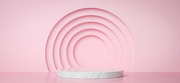 Marble podium for product presentation with pink circles, 3d render background