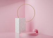 3d rendering stage display background, golden ring, marble stand and pink stand