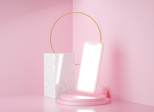 Realistic smartphone mockup set, 3d render. Mobile phone blank, white screen design. Pink color