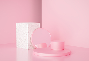 3d render modern geometric shapes with marble and mirror, for product presentation