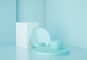 3d render modern geometric shapes with marble and mirror, for product presentation