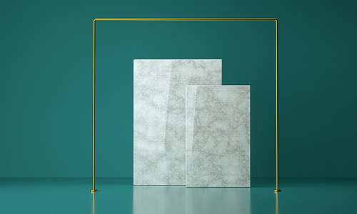 3D render luxury marble square with golden frame, studio background for product display