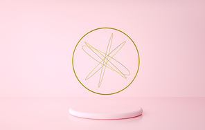 pastel cylinder pedestal with golden ring and geometric shapes mock up 3d rendering