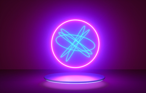 Abstract flight, neon light ring shape on podium. 3D render