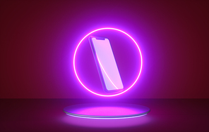 Abstract flight, neon light ring shape and smartphone on podium. 3D render