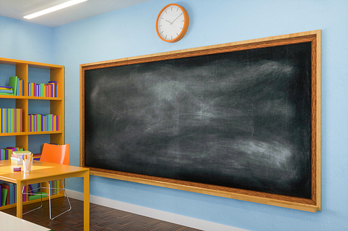 Mockup of empty blackboard hanging under clock on blue wall behind teacher table in light classroom at school. 3d render