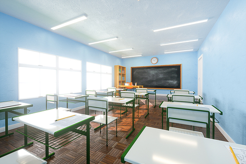 Desks and chairs located against teacher table and blank blackboard inside sunlit classroom at school. 3d render