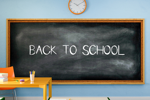 3D illustration. Back to school text written on a blackboard in the classroom. Back to school and education concept.