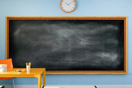 Mockup of empty blackboard hanging under clock on blue wall behind teacher table in light classroom at school. 3d render