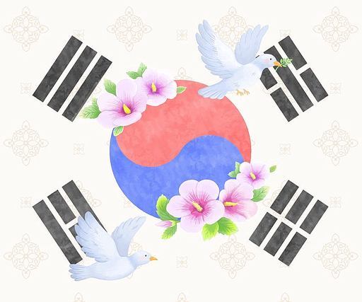 태극기, 무궁화, 비둘기가 있는 한국 전통 국경일 관련 일러스트